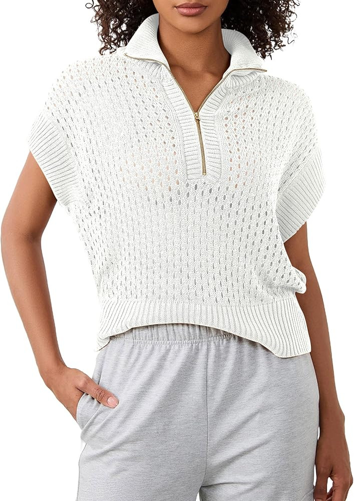 Womens Spring Cap Sleeve Crochet Sweaters Loose Fit Quarter Zip Lightweight Hollow Out Beach Vaca... | Amazon (US)