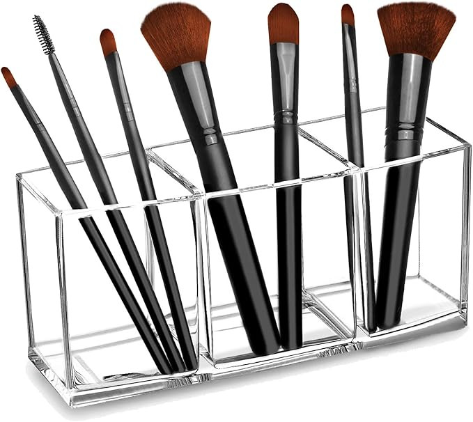 Clear Makeup Brush Organizer, Premium Acrylic Makeup Brush Holder Organizer 3 Compartments, Makeu... | Amazon (US)