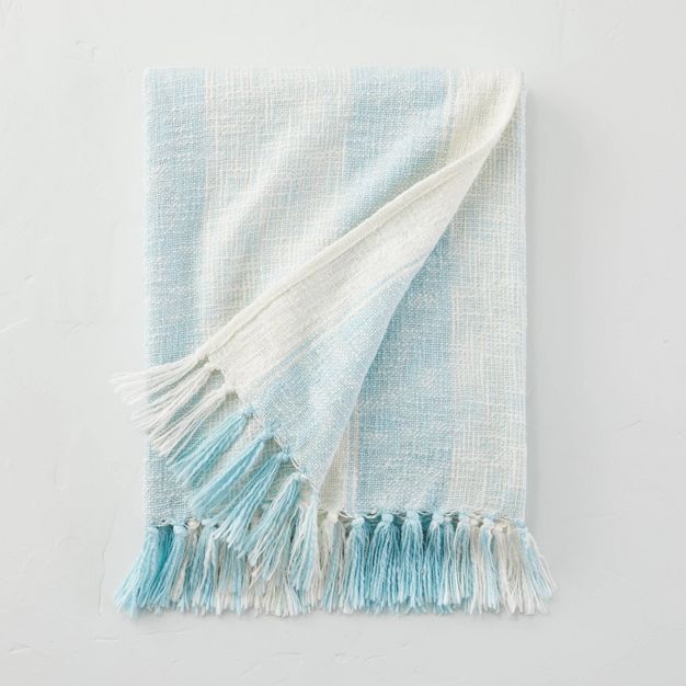 Tonal Stripe Summer Throw Blanket with Fringe Light Blue/Cream - Hearth & Hand™ with Magnolia | Target