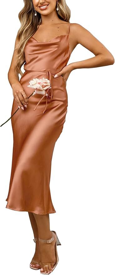 Women's Sleeveless Spaghetti Strap Satin Wedding Guest Party Dress Cocktail Evening Cowl Neck Bac... | Amazon (US)