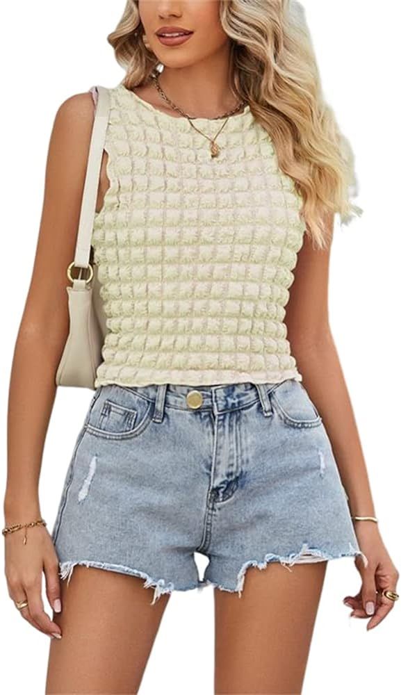 AIWUFLY Women's Summer Popcorn Crop Top Crew Neck Sleeveless Fashion Y2K Streetwear Textured Tank... | Amazon (US)