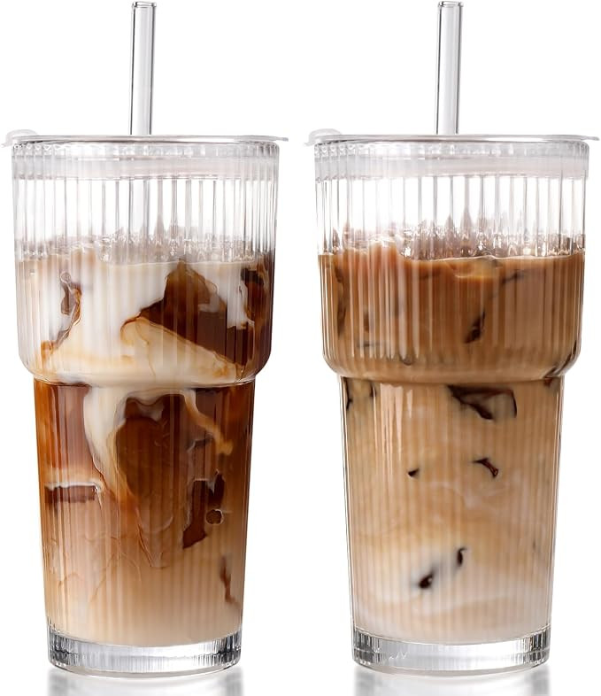 Iced Coffee Cups with Lids 2Pcs: Ribbed Glass Tumbler with Straw and Lid 20oz - Vintage Glass Cup... | Amazon (US)