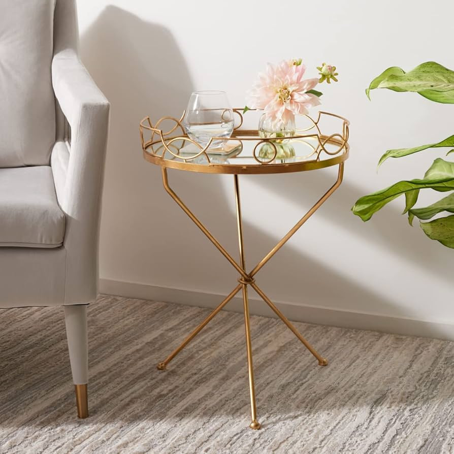 Safavieh Home Collection Cherris Mirror Top Round Gold Leaf End Table | Amazon (US)