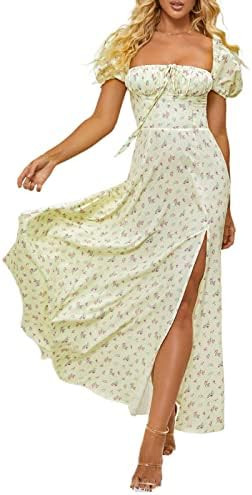 Women's Summer Puff Sleeve Floral Split Maxi Dress Flowy A Line Casual Beach Long Dresses 2025 | Amazon (US)