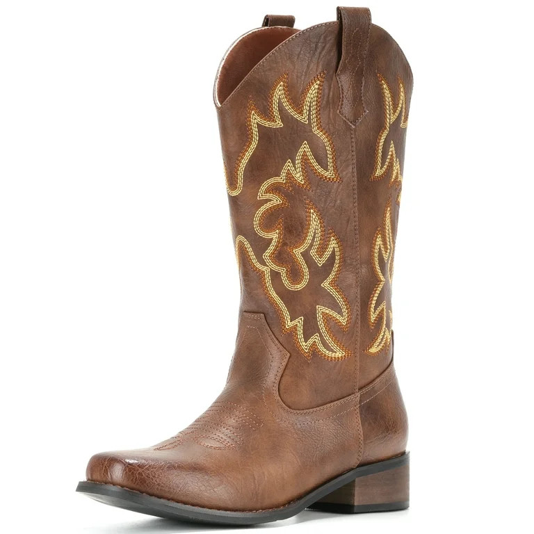 IUV Cowboy Boots For Women Square Toe Cowgirl Boots Mid Calf Western Boots Pull On Fashion Cowboy... | Walmart (US)