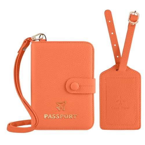 Passport Holder RFID Protected Wallet and Luggage Tag with Protection Cover Travel Accessories Leather Card Case Organizer for Women Men (Orange) | Amazon (US)