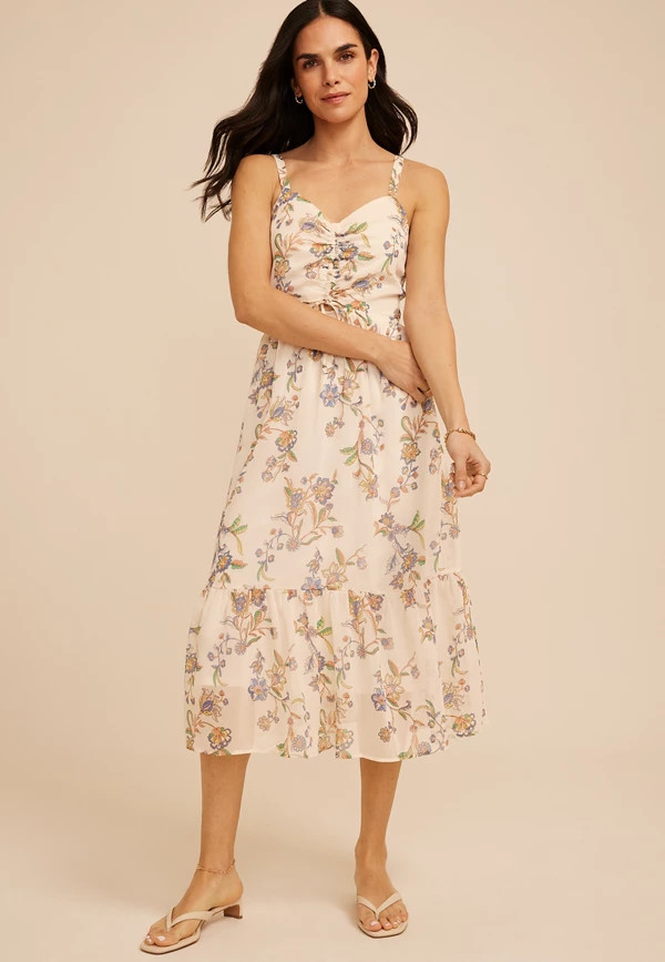 Bare Floral Cutout Cinch Front Midi Dress | Maurices