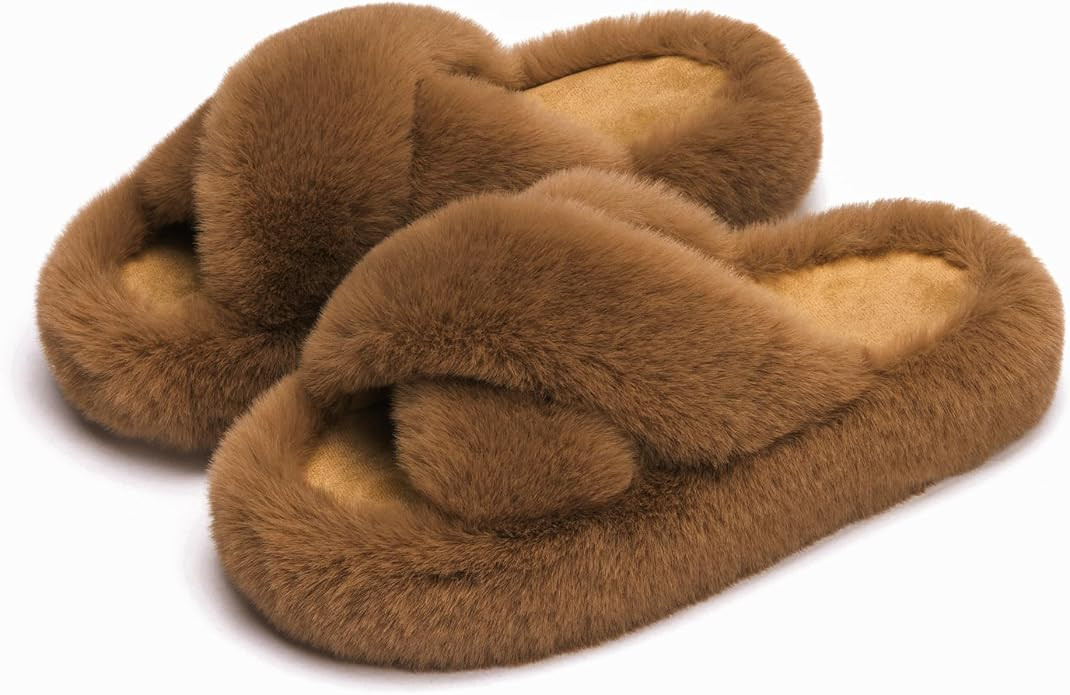 Chantomoo Women's Blue Memory Foam Faux Fur Lined Open Toe Slippers for Women - US 12 | Amazon (US)