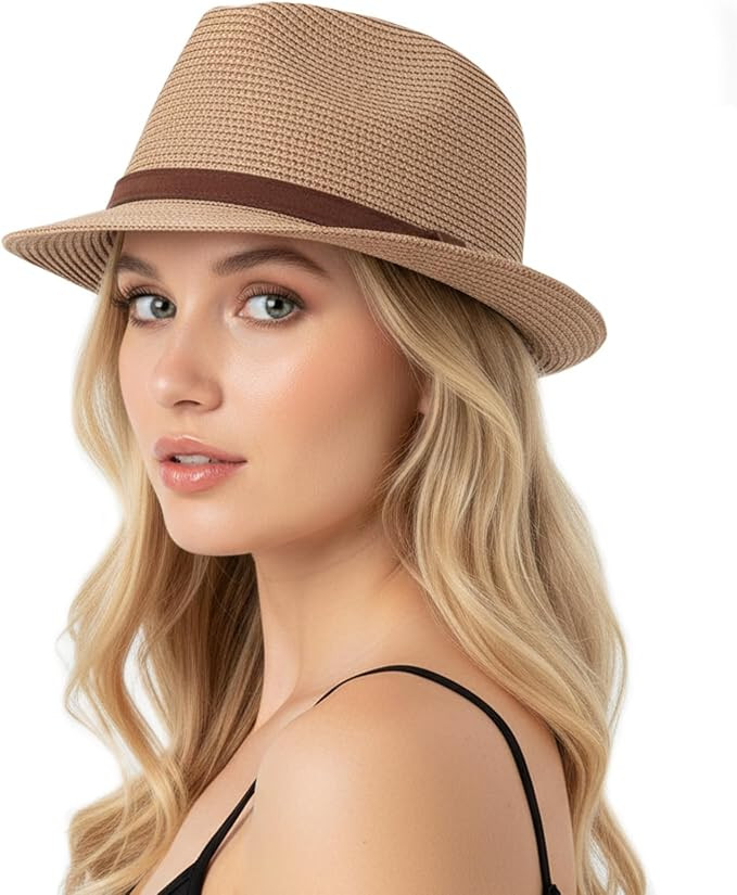 Fedora Straw Sun Hat for Men Women Short Brim Trilby Hat Panama Beach Hat UPF 50+ | Amazon (US)