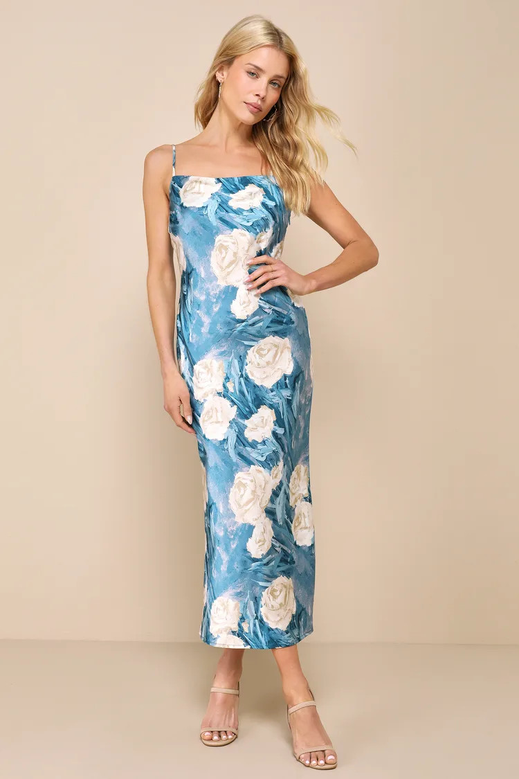 Endlessly Effortless Blue Floral Abstract Satin Slip Midi Dress | Lulus