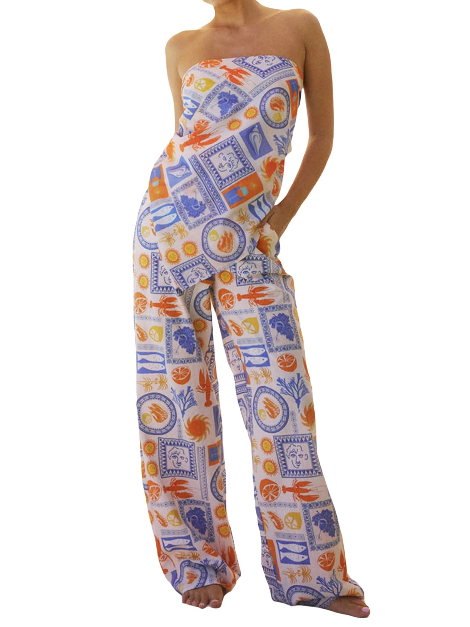 Womens Summer Outfits Lobster Print Strapless Tube Tops with Loose Wide Leg Pants 2pcs Clothes Se... | Walmart (US)