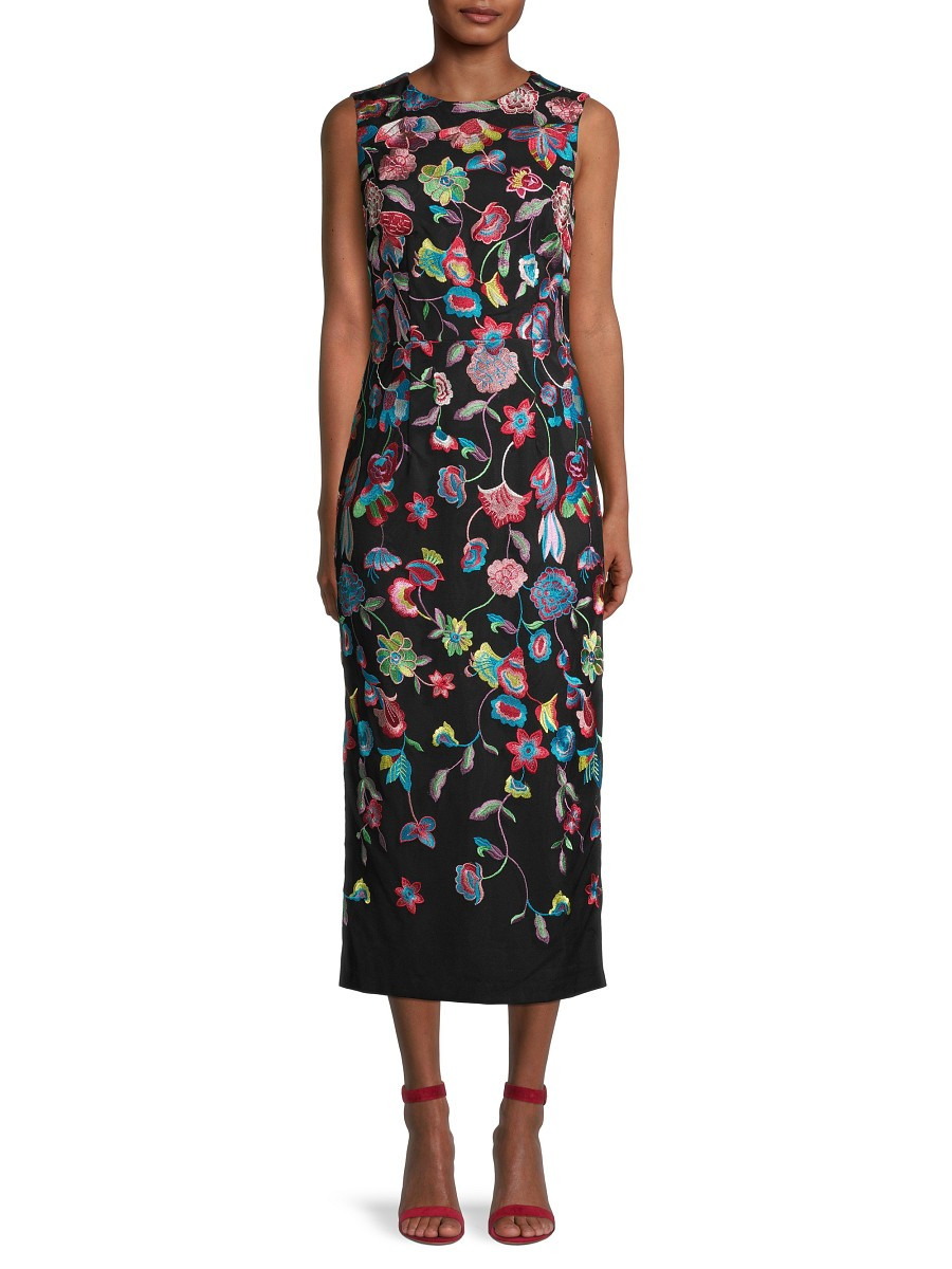 ML Monique Lhuillier Women's Floral Embroidered Midi Sheath Dress - Black Combo - Size 2 | Saks Fifth Avenue OFF 5TH