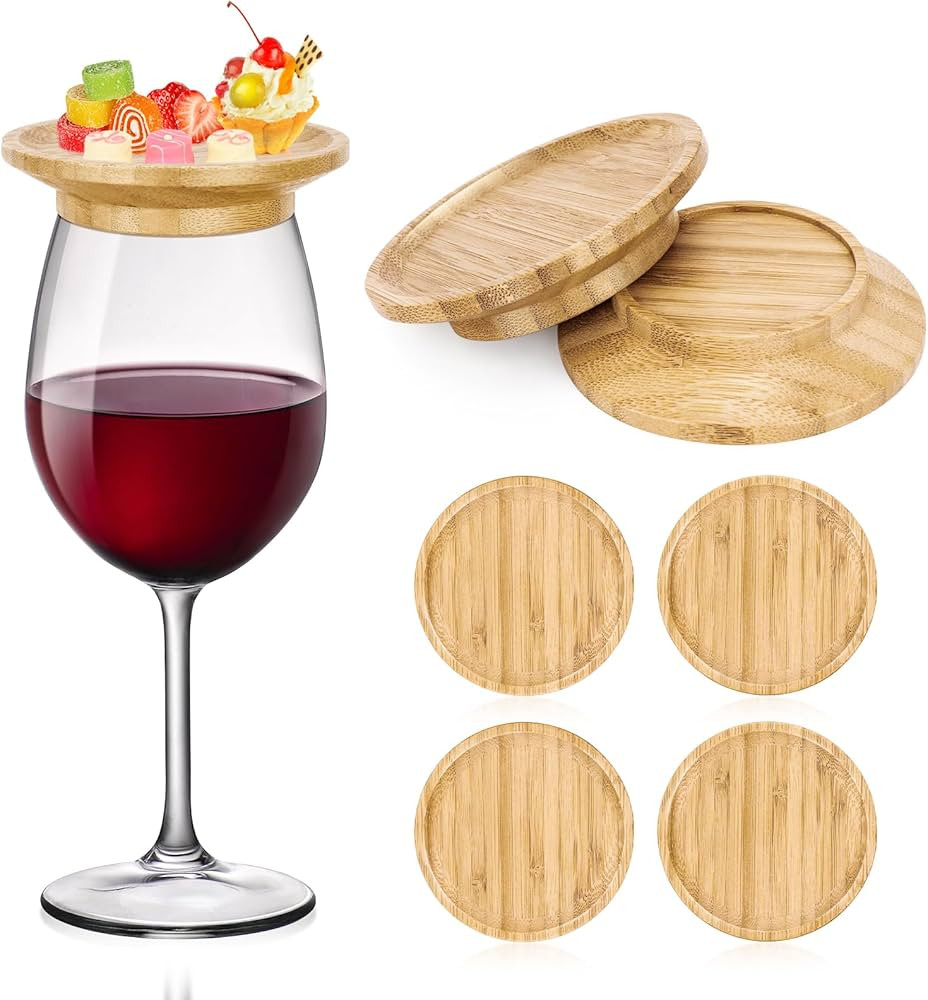 Wine Glass Charcuterie Topper, 4 Pack Natural Bamboo Wine Glass Charcuterie Board Topper, Reusable Wine Glass Topper Coasters Plate for Family Gatherings, Restaurants, Bars - 4 Inch (4) | Amazon (US)