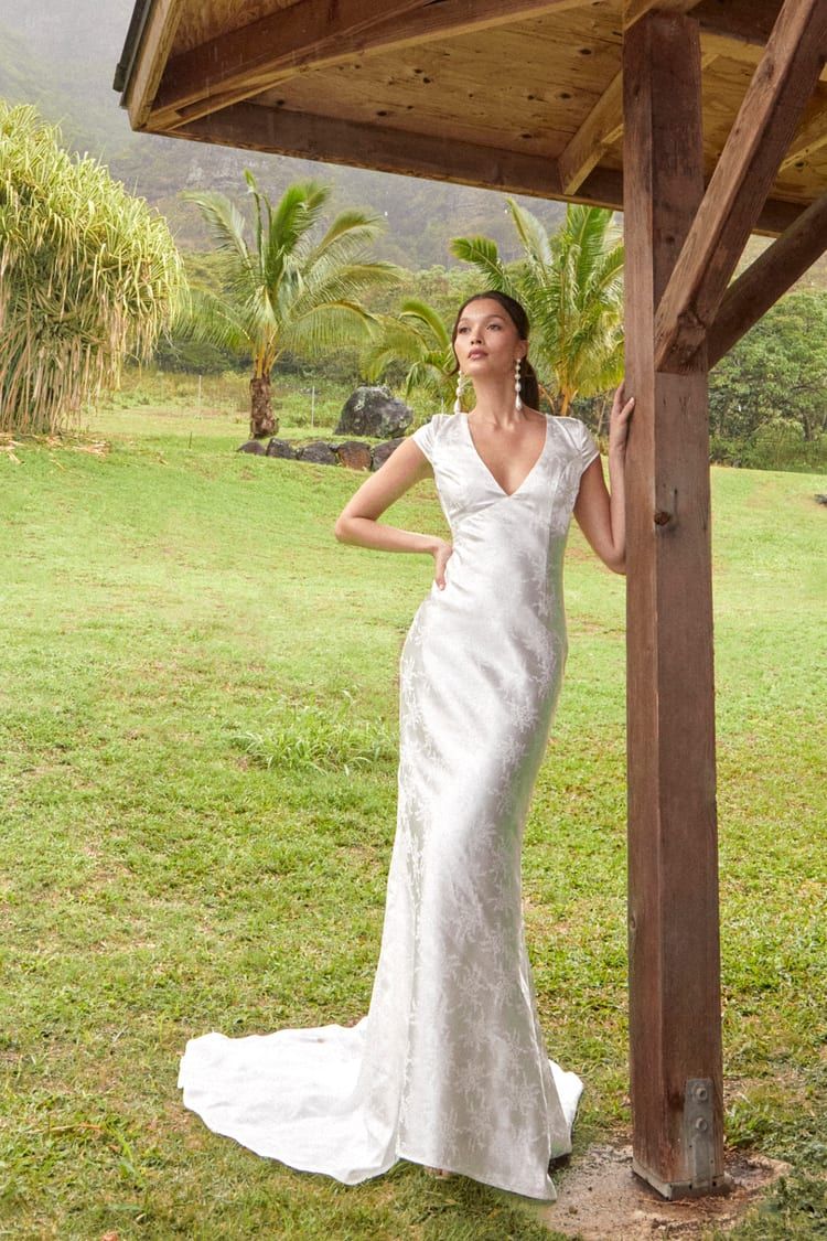 Loveliest Dream White Satin Jacquard Backless Mermaid Maxi Dress | Lulus (US)