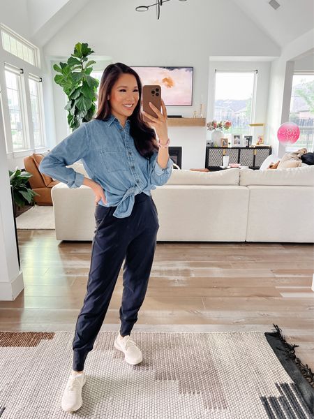 Spring casual outfit with chambray shirt that is on sale with code SOGOOD for 50% off! Sized up to a small to accommodate bump and postpartum, fits TTS  Paired it with high-waisted align joggers and Nike sneakers. Linking similar shoes, outfit and living room furniture

#LTKstyletip #LTKsalealert #LTKSeasonal