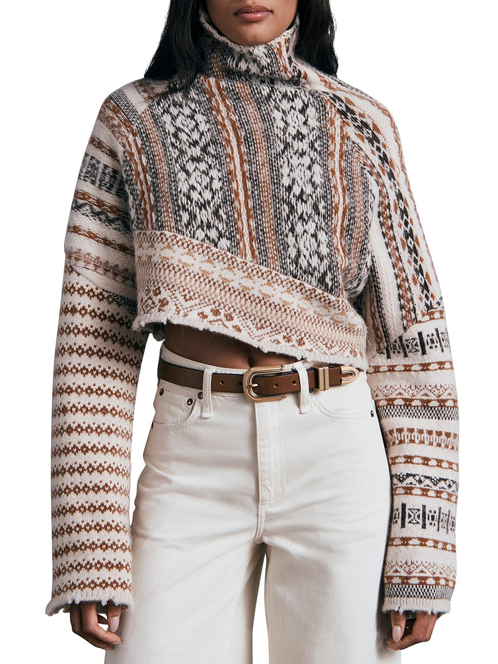 Women's Hollis Patchwork Fair Isle Wool Crop Sweater - Brown Multi - Size Medium | Saks Fifth Avenue