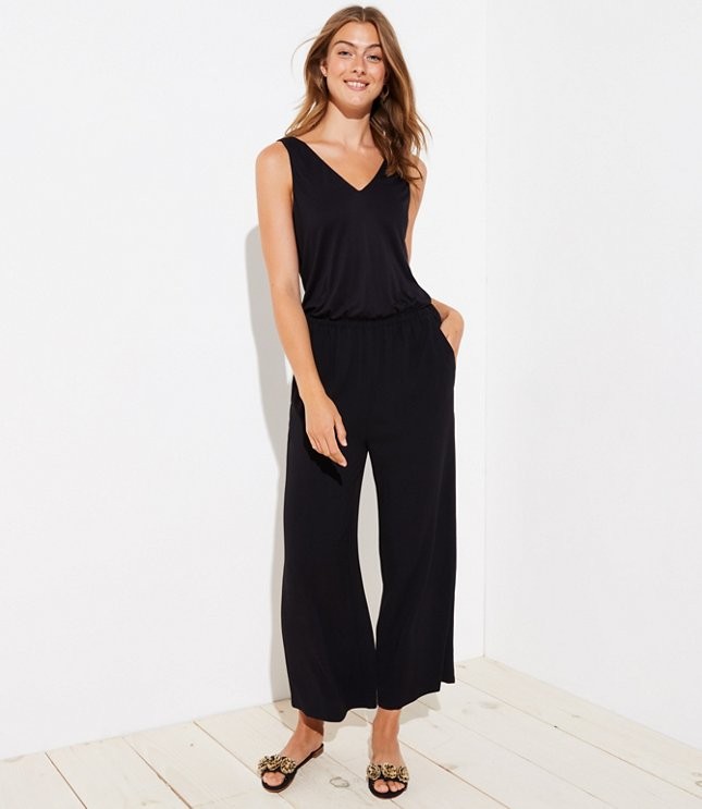 Ruffle Back Mixed Media Jumpsuit | LOFT | LOFT