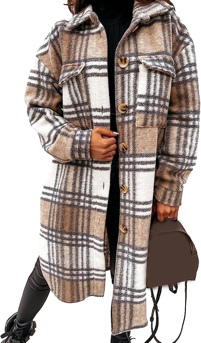 Omoone Women's Classic Woolen Button Down Plaid Long Coat Tartan Shacket Jacket with Pockets | Amazon (US)