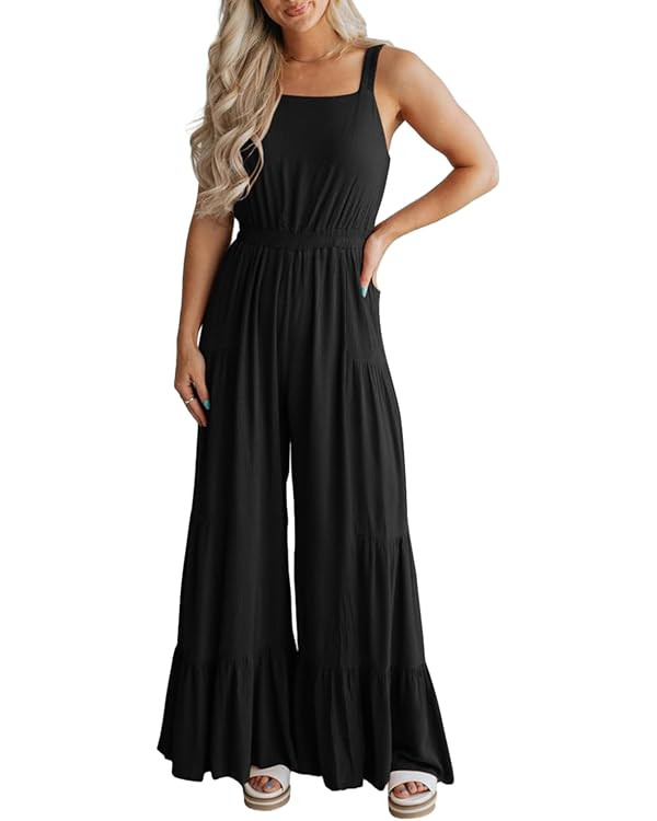 BLENCOT Jumpsuits for Women Summer Casual Loose Sleeveless Overalls Jumpsuit Ruffle Wide Leg Long... | Amazon (US)