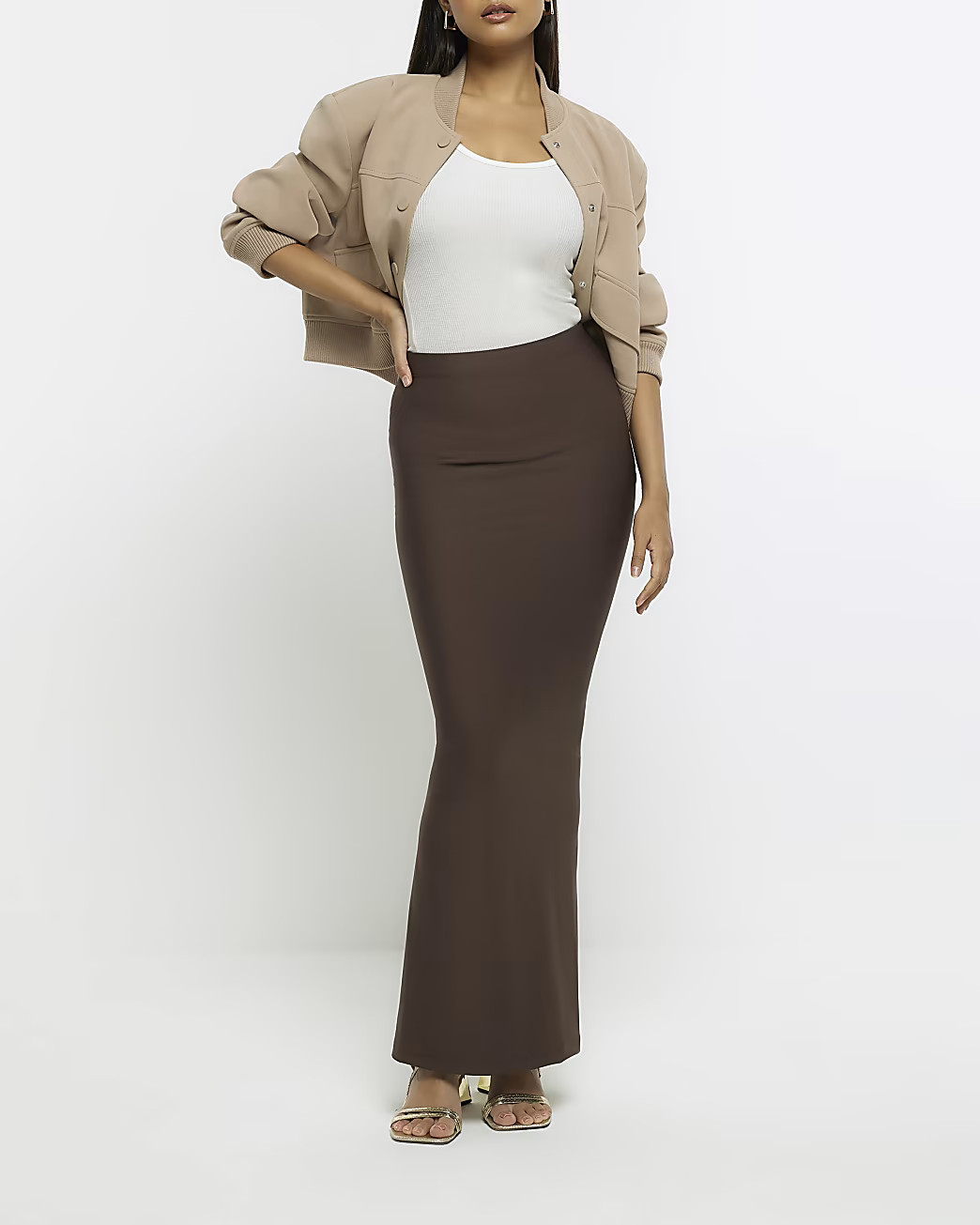 Brown fitted high waisted maxi skirt | River Island (UK & IE)