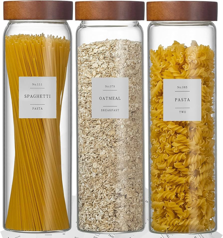 Wissy&Konny 3 Pack Glass Pasta Storage Containers with Screw wood Airtight Lid, 70oz Tall Glass J... | Amazon (US)