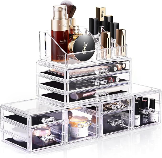 DreamGenius Makeup Organizer, 4 Pieces Acrylic Makeup Storage Box with 9 Drawers for Lipstick Jew... | Amazon (US)