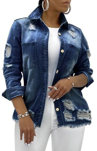 Women's Jean Jacket Long Sleeve Classic Distressed Fray Hem Tassels Denim Trucker Jackets | Amazon (US)