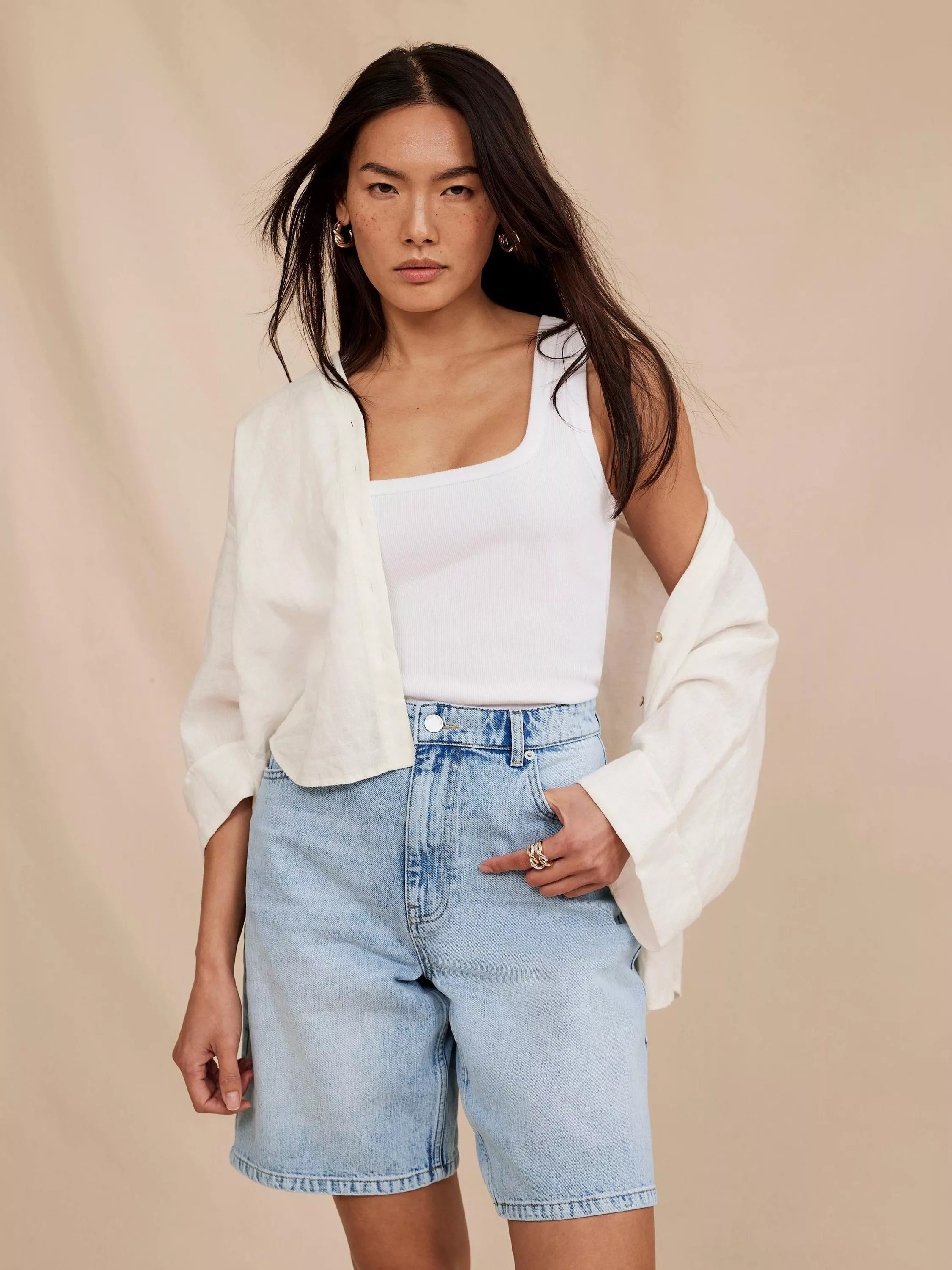 Mint Velvet Long Denim Shorts, Mid Blue | John Lewis (UK)