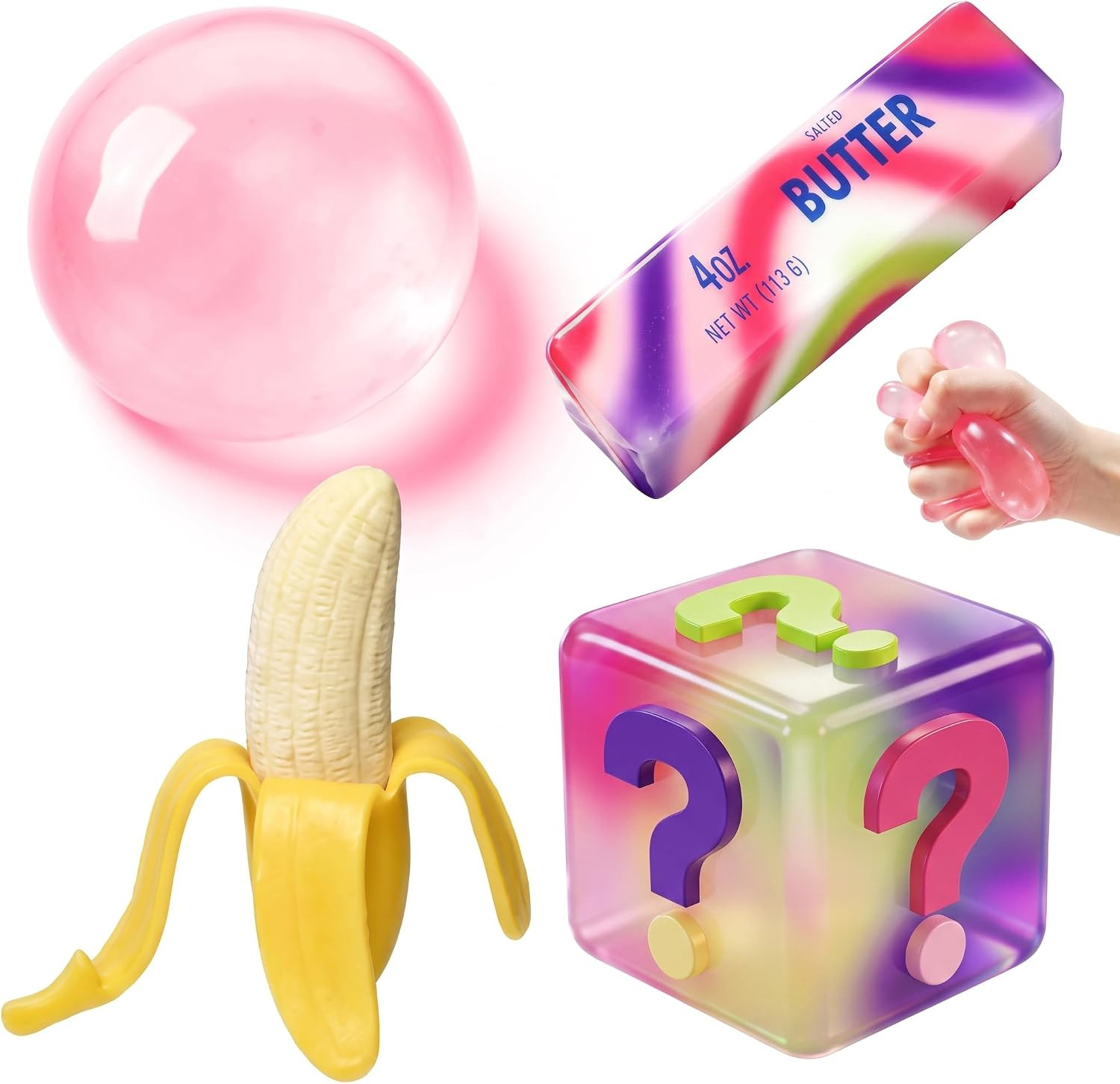 4 Pack Fun Food Squishy Set – Coconut Oil + Animal + Banana + Rainbow Butter Squishy, Sensory Stress Relief Fidget Toys, Cute Pocket for Home Office Travel, Calming Anxiety Gifts for Adult | Amazon (US)