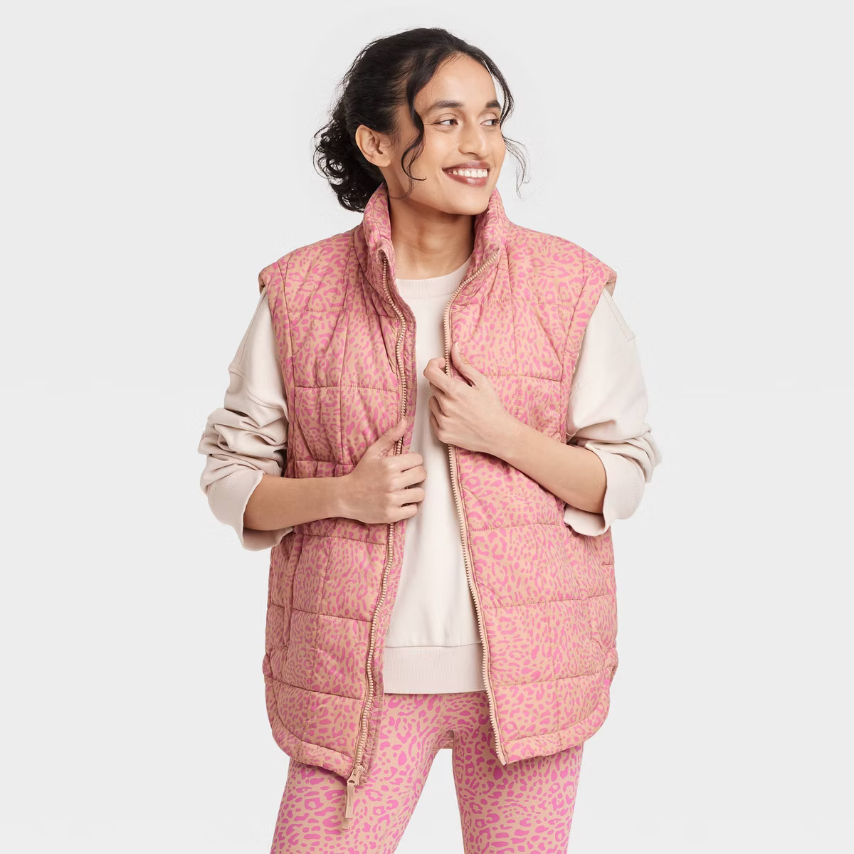 Women's Quilted Puffer Vest - JoyLab™ Pink Leopard Spot S | Target