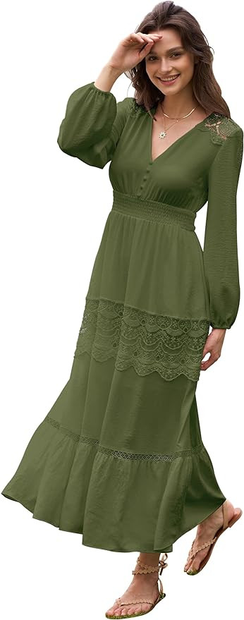Long Sleeve Maxi Dress for Women V Neck Lace Boho Dress Flowy Fall Wedding Guest Dresses with Poc... | Amazon (US)