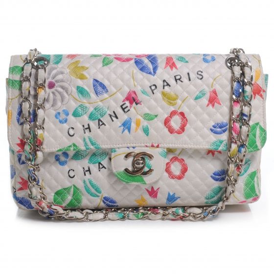 Fabric Quilted Floral Medium Double Flap White | FASHIONPHILE (US)