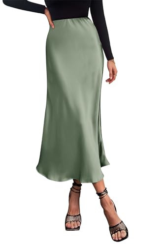 PRETTYGARDEN Women's Summer Midi Satin Skirt Dressy Casual High Waisted A Line Flowy Ruffle Elegant Party Skirts (Light Green,Large) | Amazon (US)