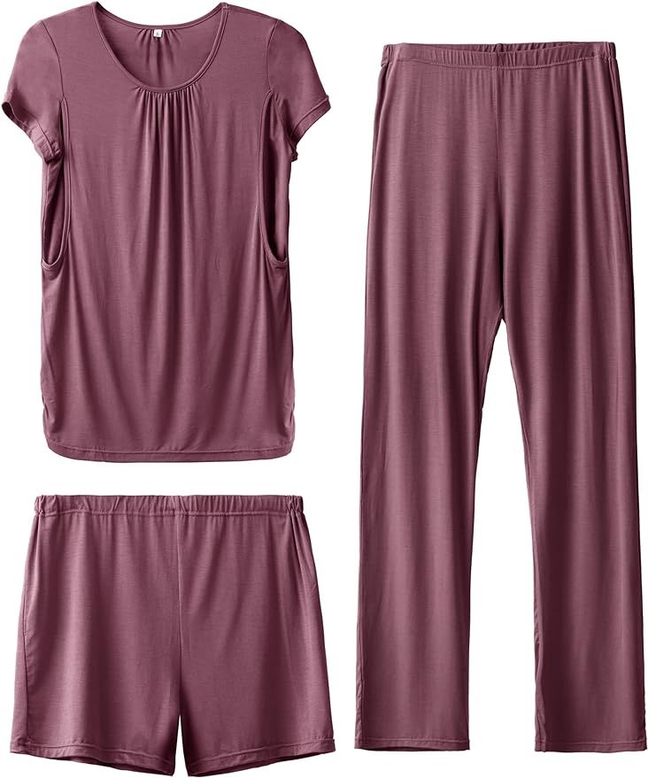 SUNNYBUY Womens Maternity Nursing Pajamas Set, Short Sleeve Breastfeeding Shirts，Pregnancy Shor... | Amazon (US)
