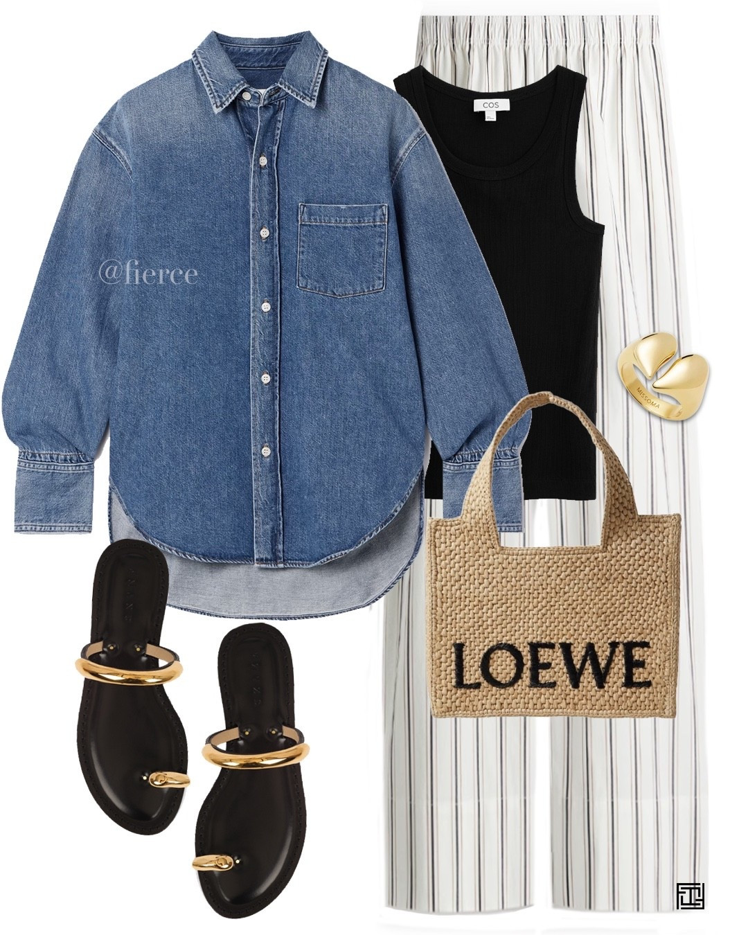 Denim shirt striped trousers gold detail sandals Loewe summer raffia bag black vest top casual weekend outfit 

#LTKeurope #LTKuk #LTKspring