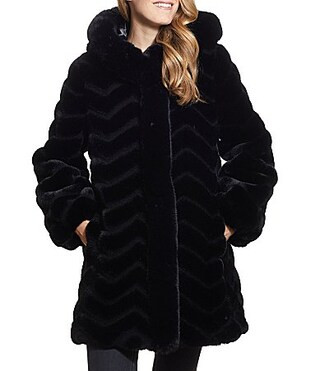 Gallery Chevron Faux Fur Long Sleeve Heavyweight Hooded Coat - M | Dillard's