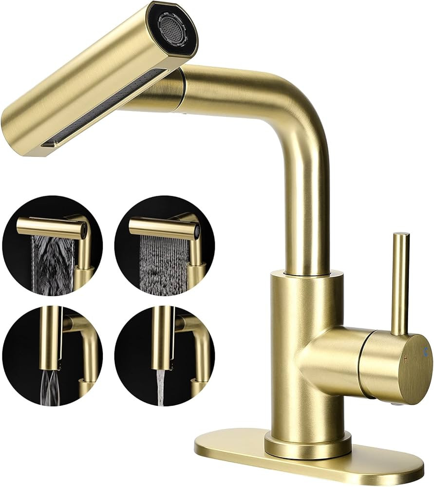 Bathroom Sink Faucet with Pull Down Sprayer, 4 Mode Gold Bathroom Faucet, Single Handle Tall Bath... | Amazon (US)