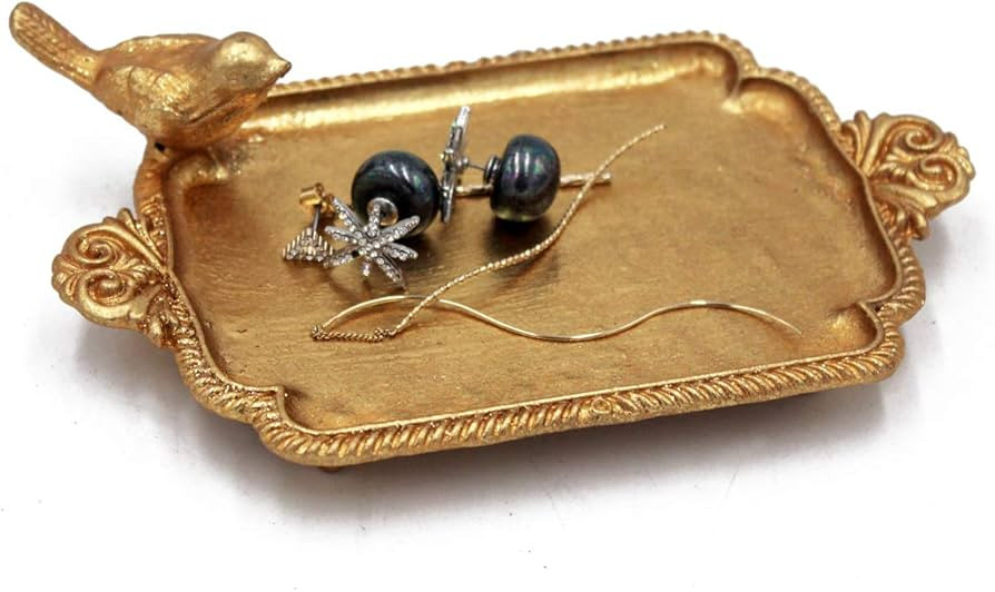 Funly mee Antique Trinket Dish Vintage Golden Metal Jewelry Tray with Bird, Ring Holder | Amazon (US)
