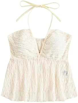 SHENHE Women's Tie Halter Neck Backless Ruffle Hem Sexy Peplum Crop Top Sleeveless Top | Amazon (US)