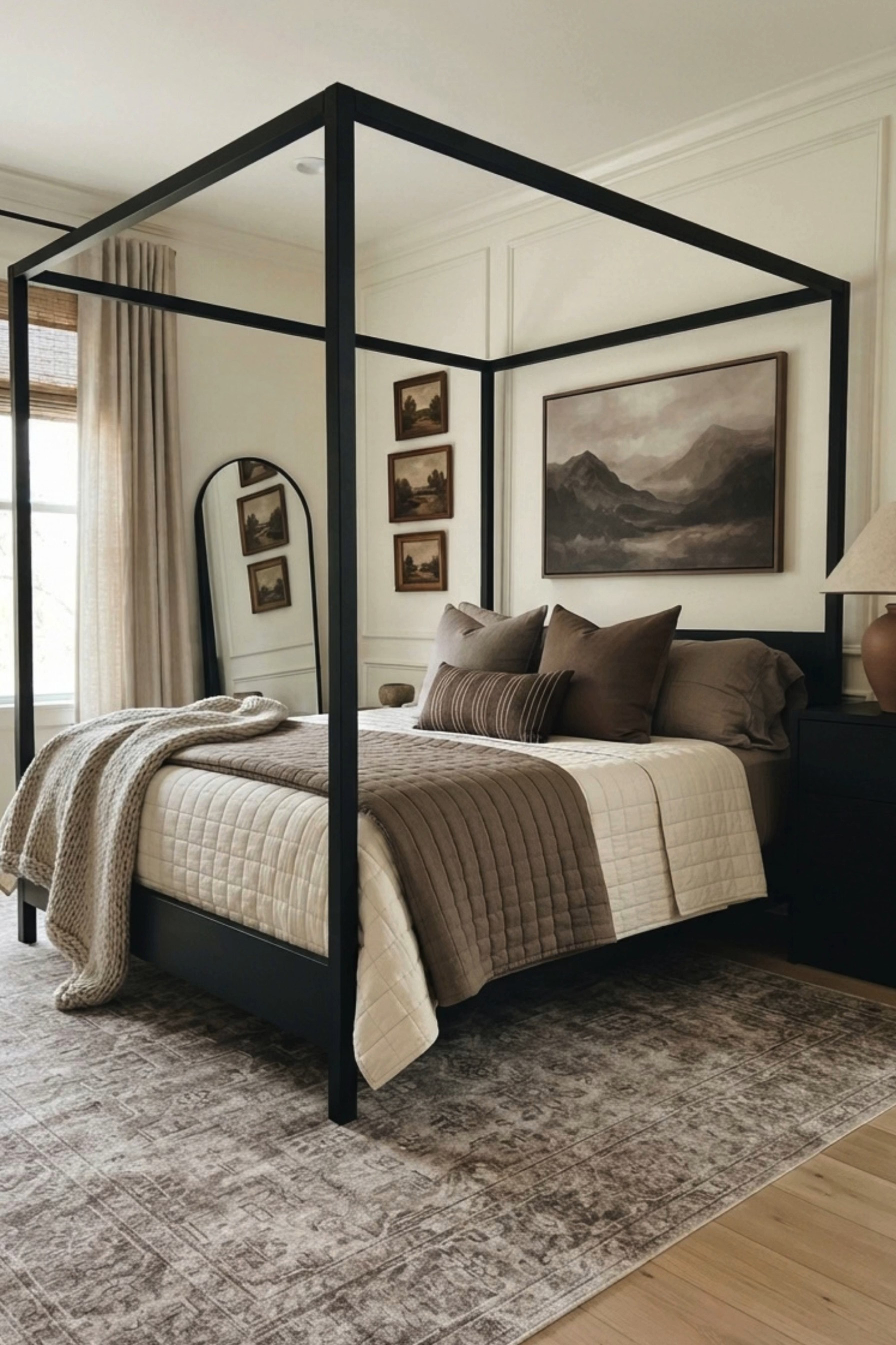 Neutral Modern Canopy Bedroom 🤎 This serene bedroom blends organic modern style with warm transitional design, featuring a bold black canopy bed, creamy layered bedding, taupe quilted accents, oversized neutral pillows, and a chunky knit throw. A vintage-inspired area rug, arched floor mirror, landscape artwork, linen curtains, woven Roman shade, black nightstand, and earthy ceramic table lamp create a sophisticated neutral bedroom that feels timeless, cozy, and effortlessly elevated. 🖤 If you want to see more content like this, FOLLOW maeveandmodern on LTK, Instagram, and Pinterest! Check out our blog where we post daily, maeveandmodern.com! Neutral Bedroom Ideas | Modern Canopy Bed | Black Canopy Bed | Four Poster Bed | Organic Modern Bedroom | Transitional Bedroom Decor | Warm Neutral Bedroom | Cozy Bedroom Inspiration | Layered Neutral Bedding | Taupe Bedding | Cream Quilt | Chunky Knit Throw | Neutral Throw Pillows | Vintage Inspired Rug | Bedroom Area Rug | Arched Floor Mirror | Leaning Floor Mirror | Landscape Wall Art | Vintage Landscape Art | Linen Curtains | Woven Roman Shades | Black Nightstand | Ceramic Table Lamp | Earth Tone Bedroom | Modern Traditional Bedroom | Timeless Bedroom Decor | Designer Bedroom Inspiration | Cozy Luxury Bedroom | Neutral Home Decor | Bedroom Refresh

#LTKHome #LTKSaleAlert #LTKSeasonal