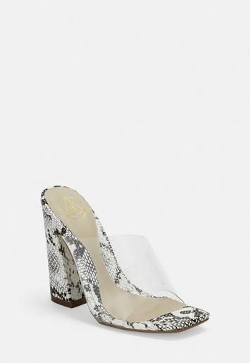 Gray Snake Print Flared Heel Transparent Mules | Missguided (US & CA)