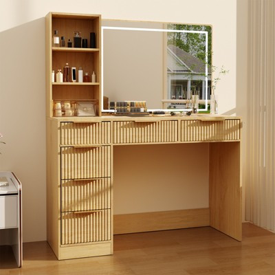 Fluted Vanity Desk with Large Mirror & Lights, Big Makeup Table with 6 Drawers & Charging Station | Target