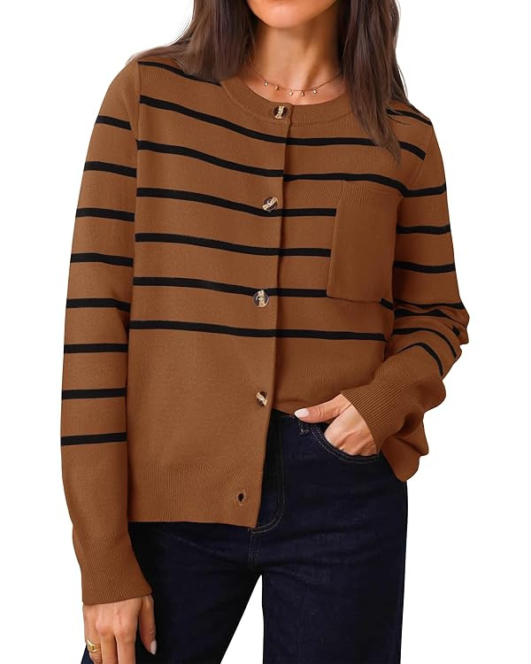 ZESICA Women's Striped Cardigan Sweaters 2024 Fall Long Sleeve Open Front Button Down Knit Outerw... | Amazon (US)