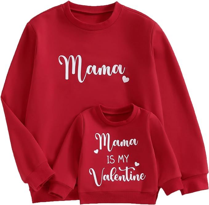 Omkzanbi Mommy and Me Valentines Day Outfit Mama & Mama is My Valentine Sweatshirt Long Sleeve Pu... | Amazon (US)
