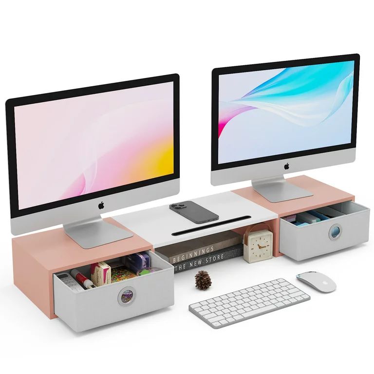 JAFUSI Dual Monitor Stand with Drawers for Desk, Monitor Stand Riser for 2 Monitors,Pink | Walmart (US)
