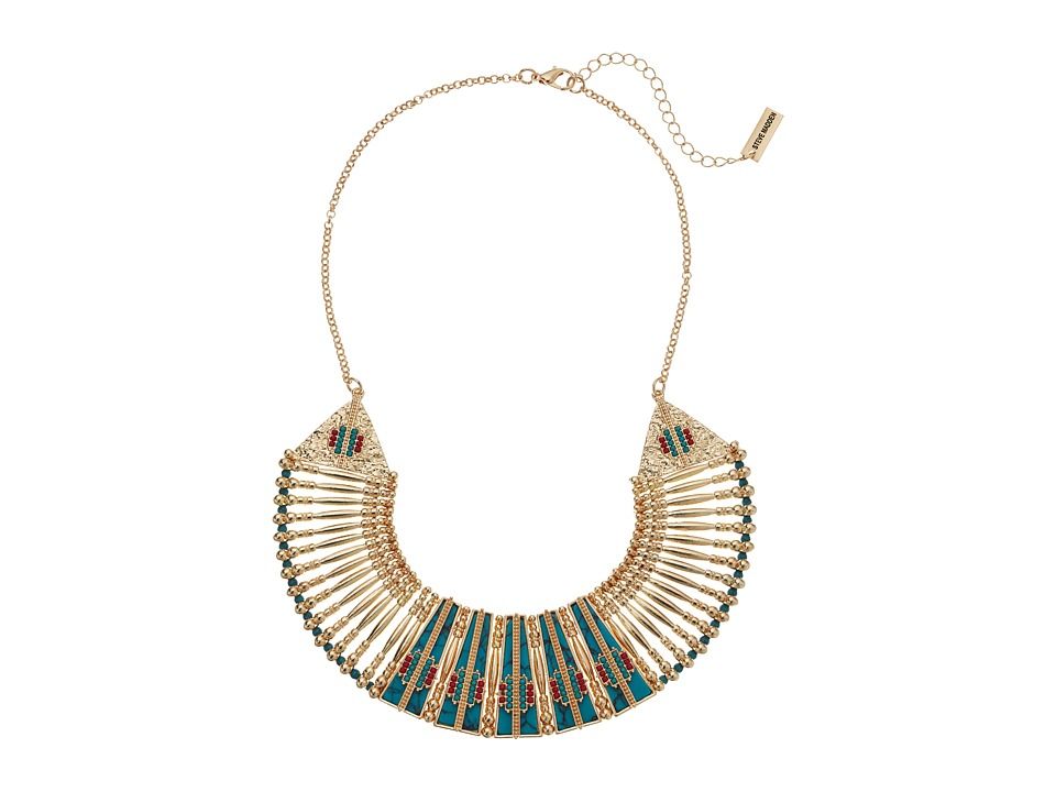 Steve Madden - Blue Bar and Geometric Stone Bead Bib Necklace (Gold) Necklace | Zappos