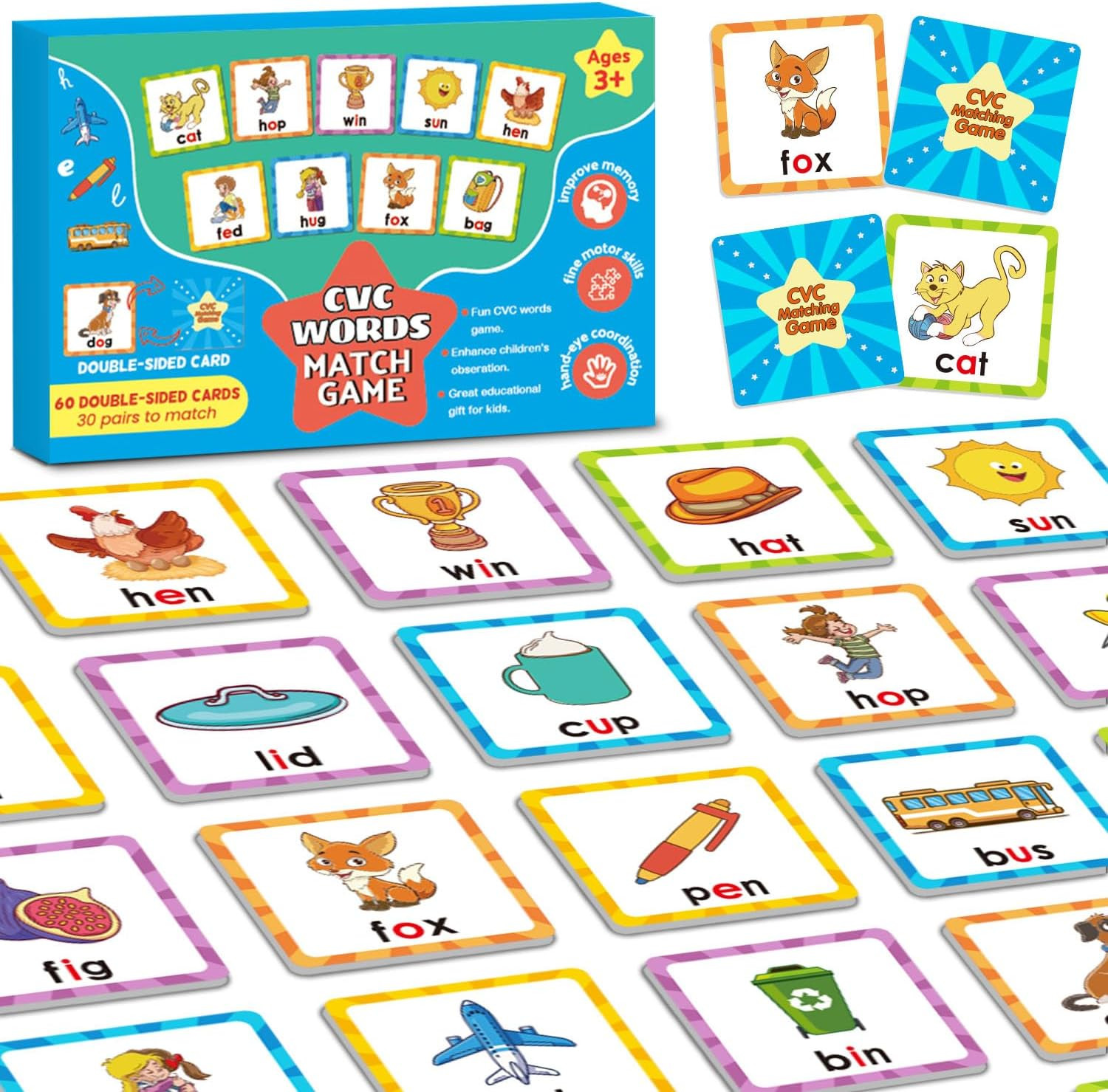 CVC Word Games Kindergarten, Memory Games for Kids Ages 4-8 & Matching Games for Toddlers 3-5, 60... | Amazon (US)