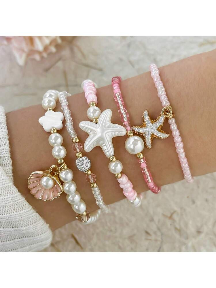 5pcs Women's Bohemian Beaded Bracelets - Glass Seed Beads With Charms, Faux Pearl, Seashell & Starfish Pendants, Handmade Boho Style Jewelry - All Season Wear | Playful Design | Glass Bead Bracelet,Bridal Fashion Jewelry, Bracelets, Accessories | SHEIN