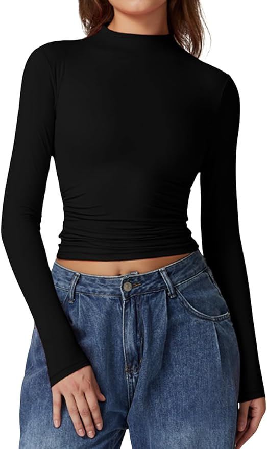 QINSEN Womens Mock Neck Long Sleeve Shirt Double Lined Basic Tees Side Ruched Going Out Crop Tops | Amazon (US)