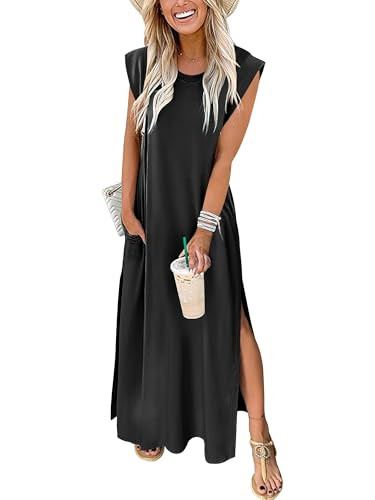 ANRABESS Summer Dress for Women 2025 Maxi Sundresses Casual Cap Sleeve Crew Neck Loose Split Beach Travel Vacation Outfits Black Medium | Amazon (US)